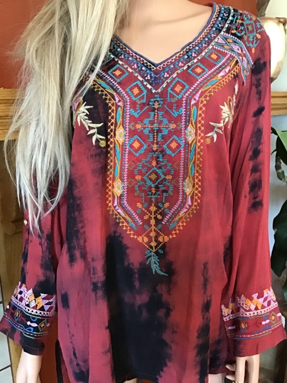 Calessa Embroidered Boho Tunic Top Size S | Red Tie-Dye Festival Blouse